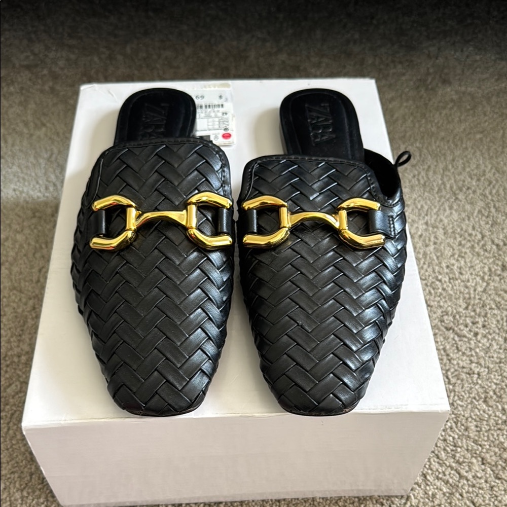 Zara Black Woven Mules with Gold Detail